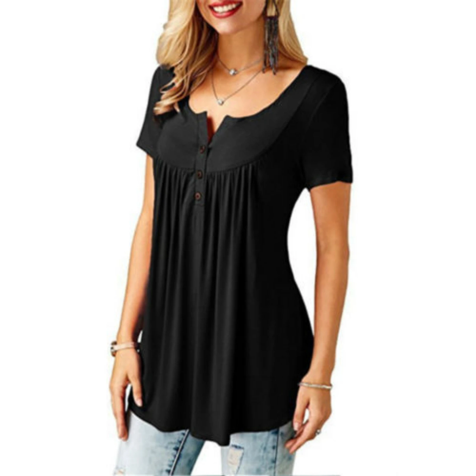 

Women Fashion Solid Color Loose Pleated Casual Short Sleeve T-shirt Sumemr Button V-Neck Soft Pullover Tops 2022 Newest Trendy