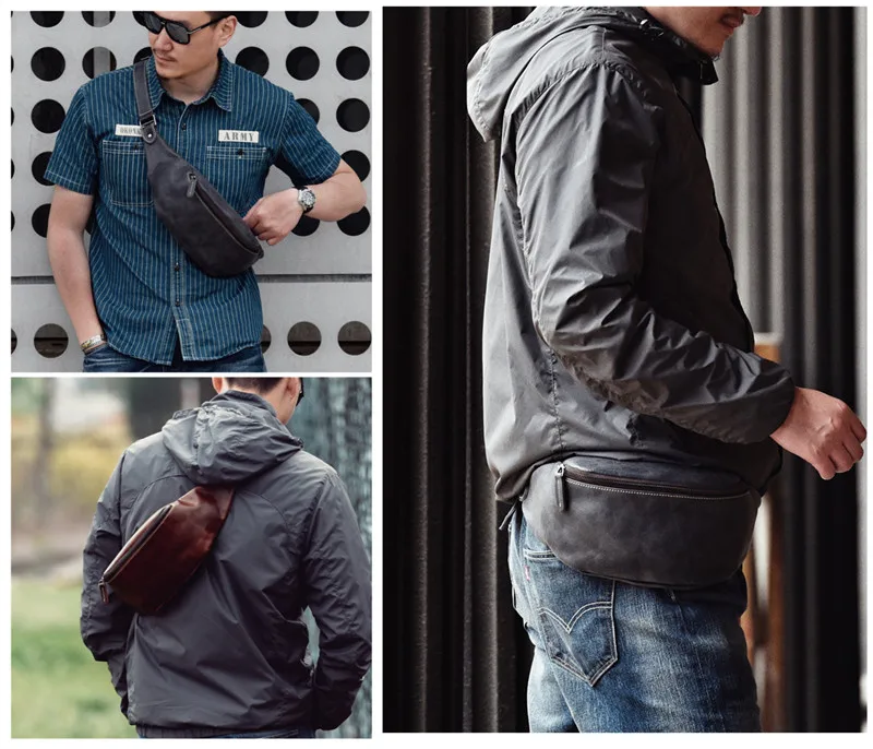 High quality cowhide simple vintage chest bag genuine leather men's shoulder messenger belt bag casual sports waist packs Teens
