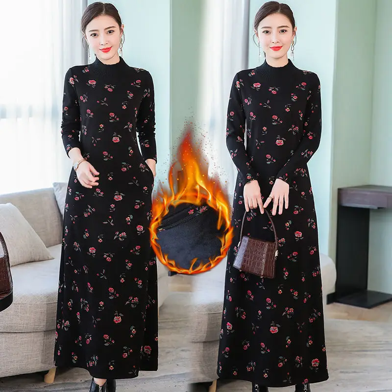 

Повседневное платье до щиколотки, женское платье с длинным рукавом и цветочным принтом на осень и зиму, женское свободное элегантное платье...