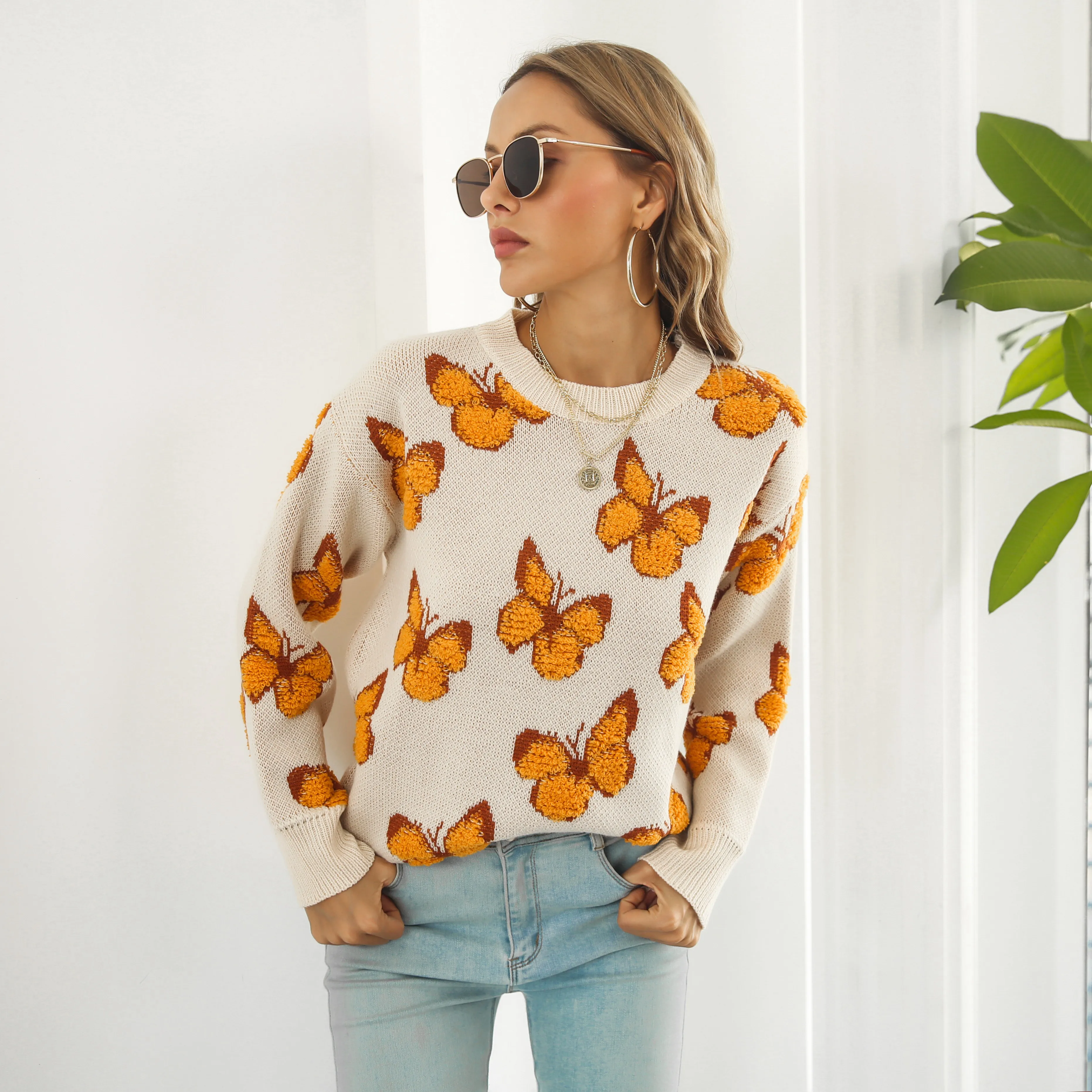 

Butterfly Animal Jacquard Sweater Women's Loose Long Sleeved Knitted Shirt Top Clothing Y2k