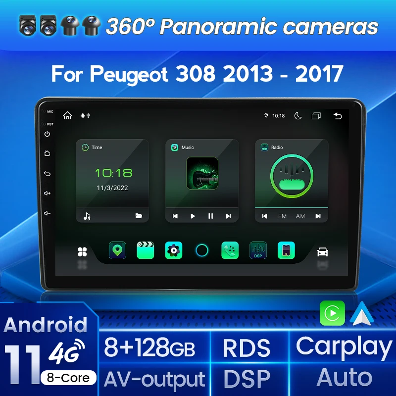 

8+128G Car multimedia Android Radio Player Navigation GPS for Peugeot 308 2013 - 2017 IPS DSP RDS 4G WIFI SWC 2din Android 11