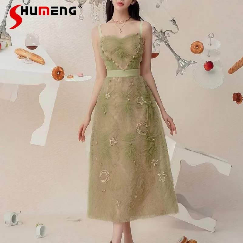 Green Sleeveless Party Mid-length Dress for Women 2023 Summer New Design Sense Sweet Mesh Temperament Camisole Long Dress