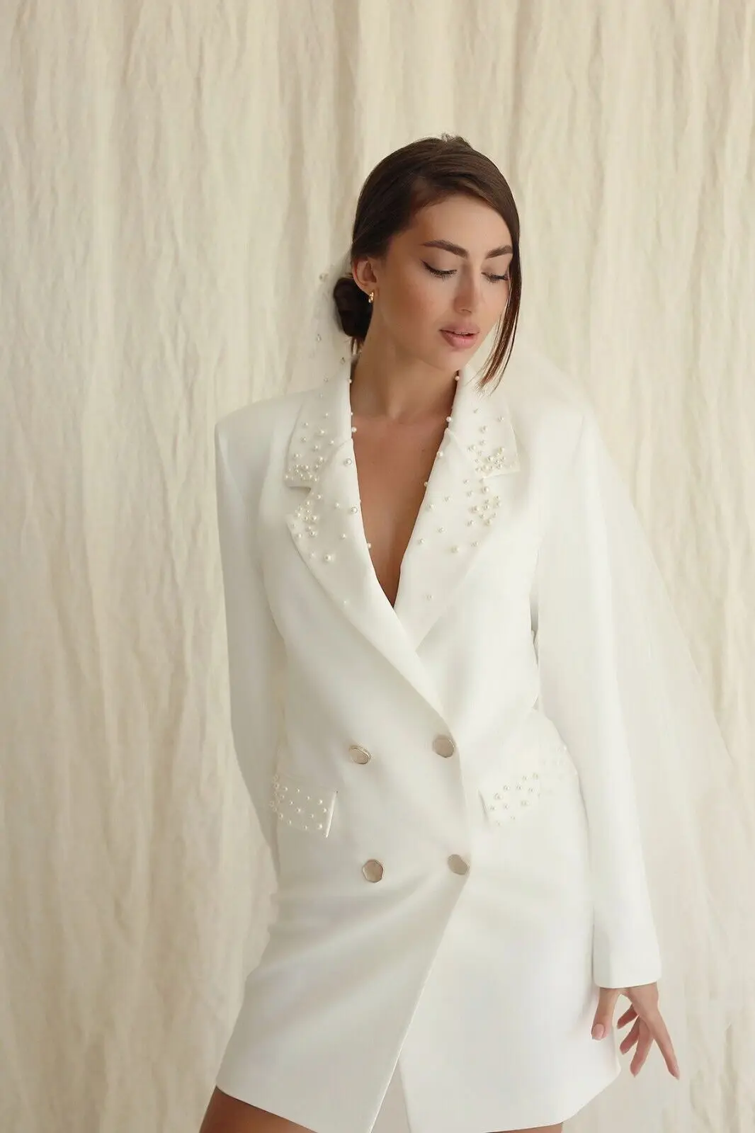 Wedding Tuxedos Women Jacket 1 Pcs Double Breasted Pearls Coat Elegant White Wide-Waist Birthday Prom Lady Blazer