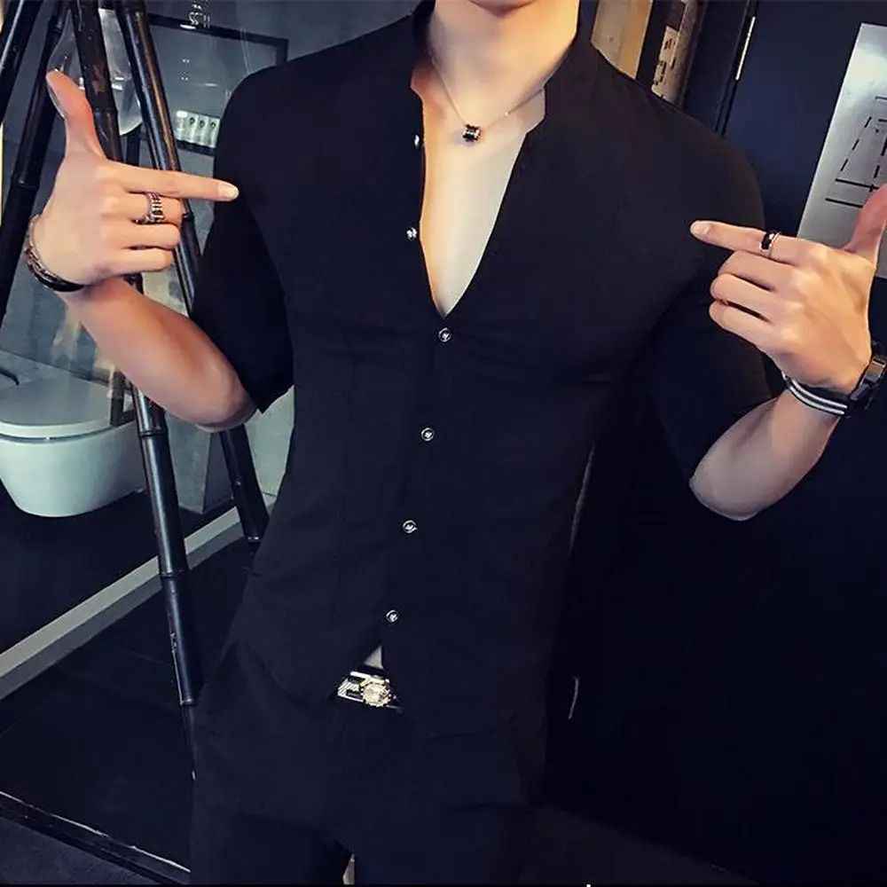 Stand Collar Chinese Style Shirt Men Slim Fit Clothes Male Half Sleeve 2022 Fashion Summer Solid Color Designer Night Club Tops