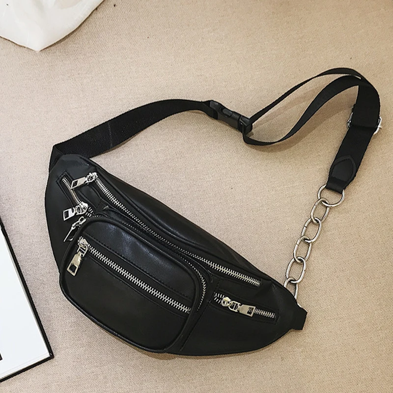 Fashion Black Waist Bag Women PU Leather Chest Fanny Pack Punk Crossbody Chains Shopping Lady Cellphone Purse sac |