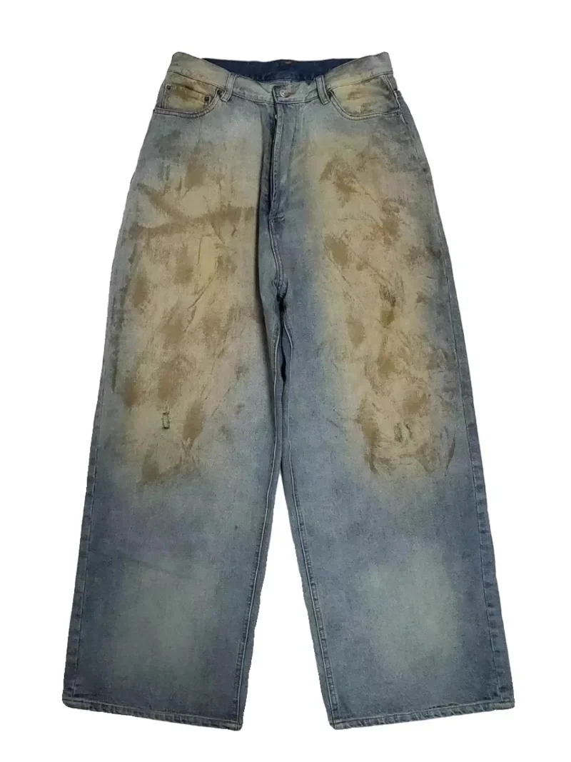 Окрашенные в грязь старые свободные повседневные джинсы потертые широкие брюки