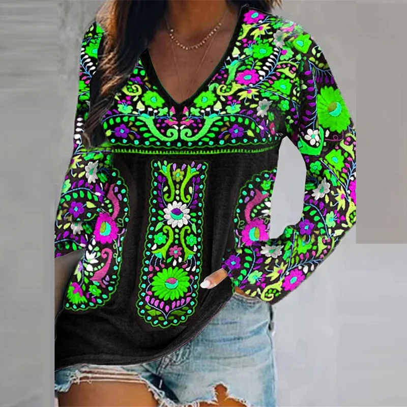 

2022 Spring Long Sleeve Blouse Women Fashion V-neck Ladies Office Shirts Vintage Print Street Casual Elegant Loose Pullover Tops