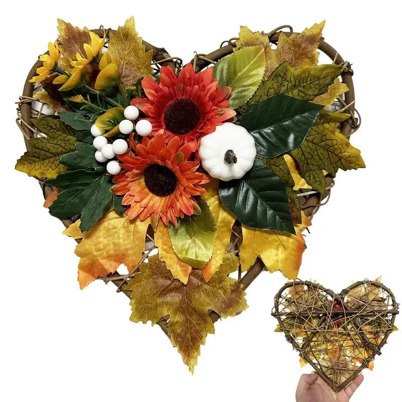 

Autumn Door Wreath Heart-Shaped Autumn Wreath With Sunflower Farms Decorative Wreath Outdoor Ornament For Walls Door Porch