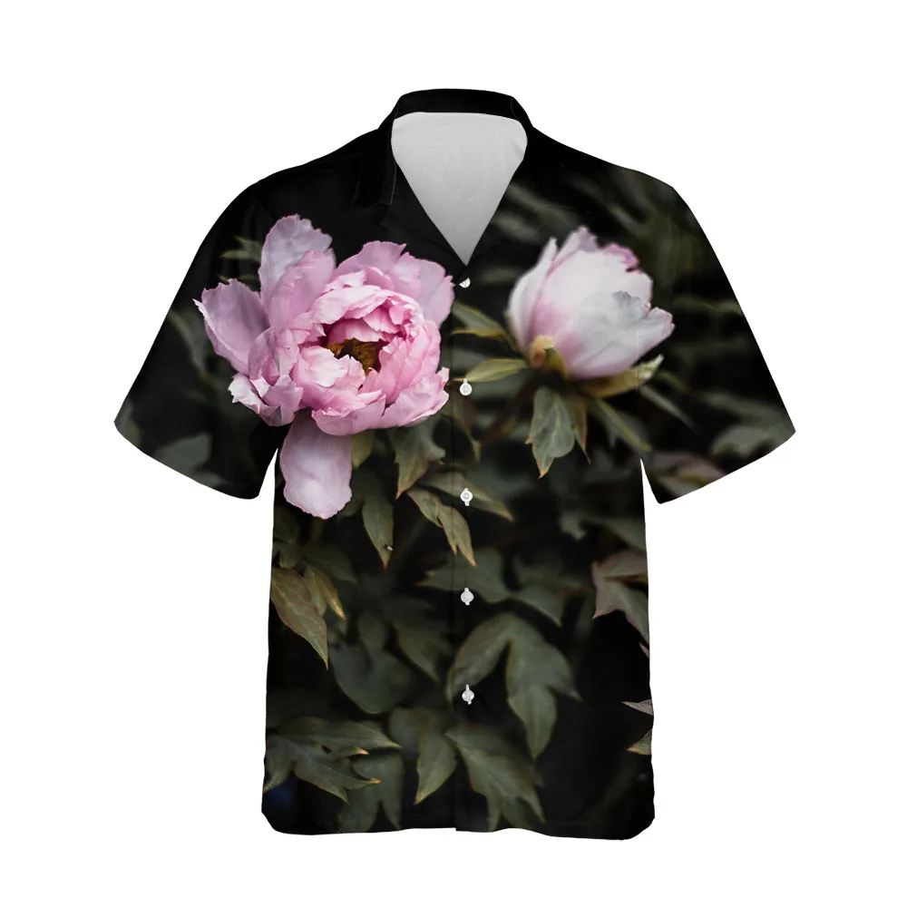 Jumeast Peony Flower Blouses Printing Pattern Summer Short Sleeve Mens Shirt Single Breasted Oversized Shirts For Men Streetwear