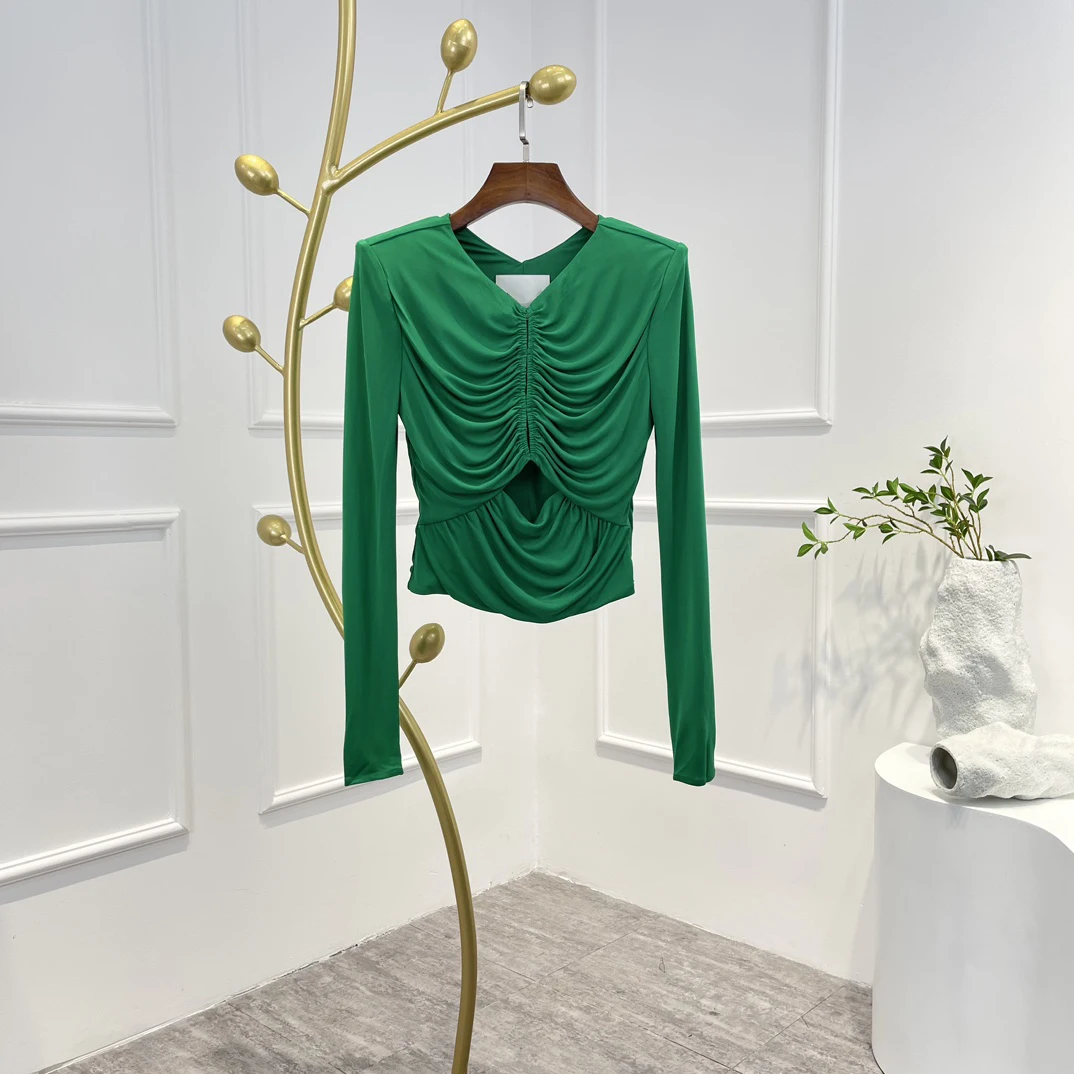 

2023 Latest Top Quality Textural Solid Green Stretchable V-neck Cut Out Slim All-matching Fashion Blouse Sexy Lady