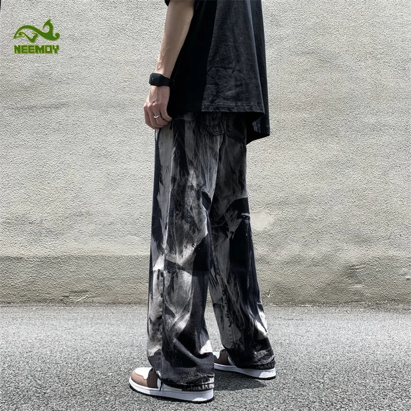 Neemoy New Black Tie-dye Jeans Men's Pants Casual Baggy Jeans High Street Hip Hop Loose Wide-leg Jeans Mens Denim Pants