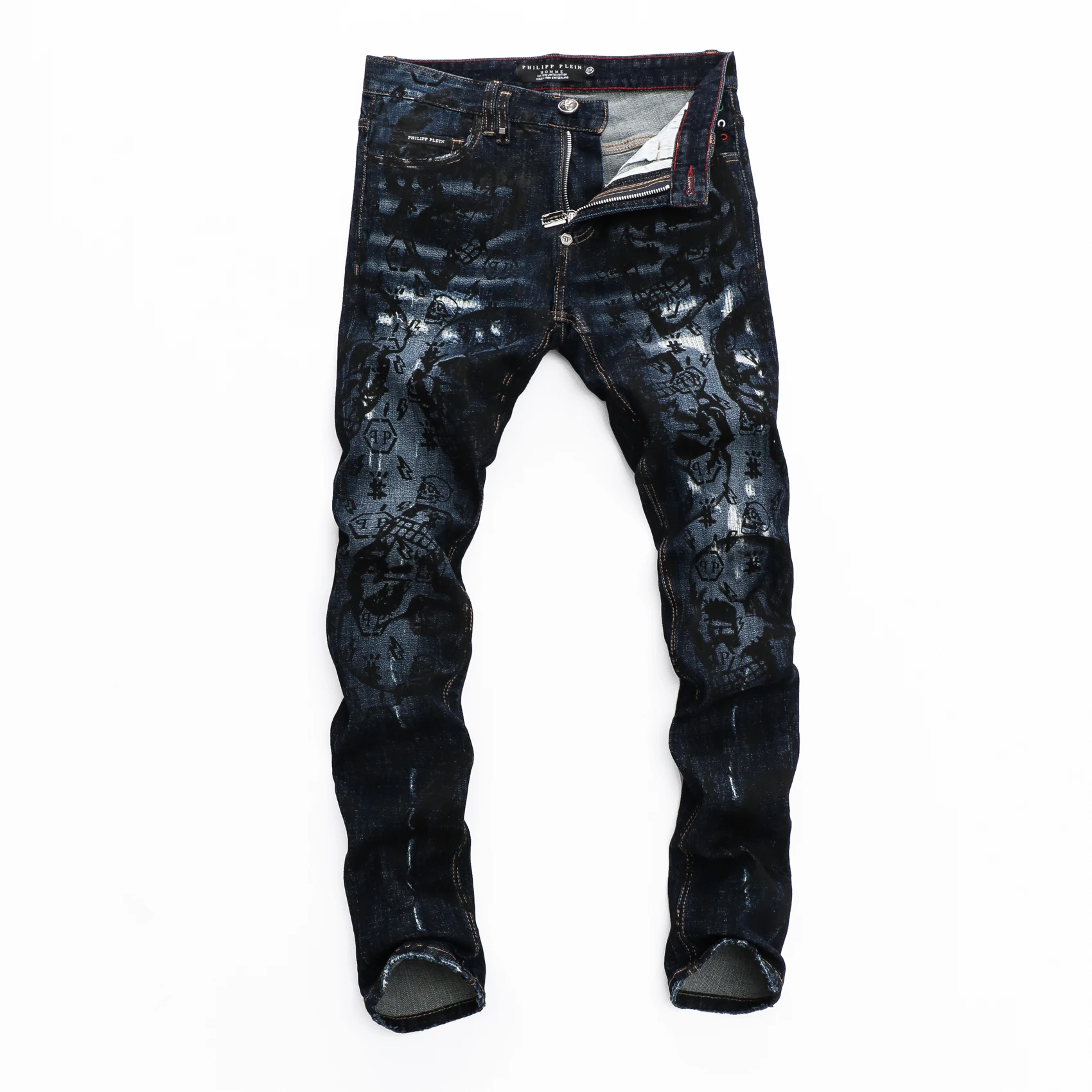 

punk Style Men plein brand blue Stretch jeans mens slim denim trousers plein Skulls jeans Straight Stretch jeans pants for men