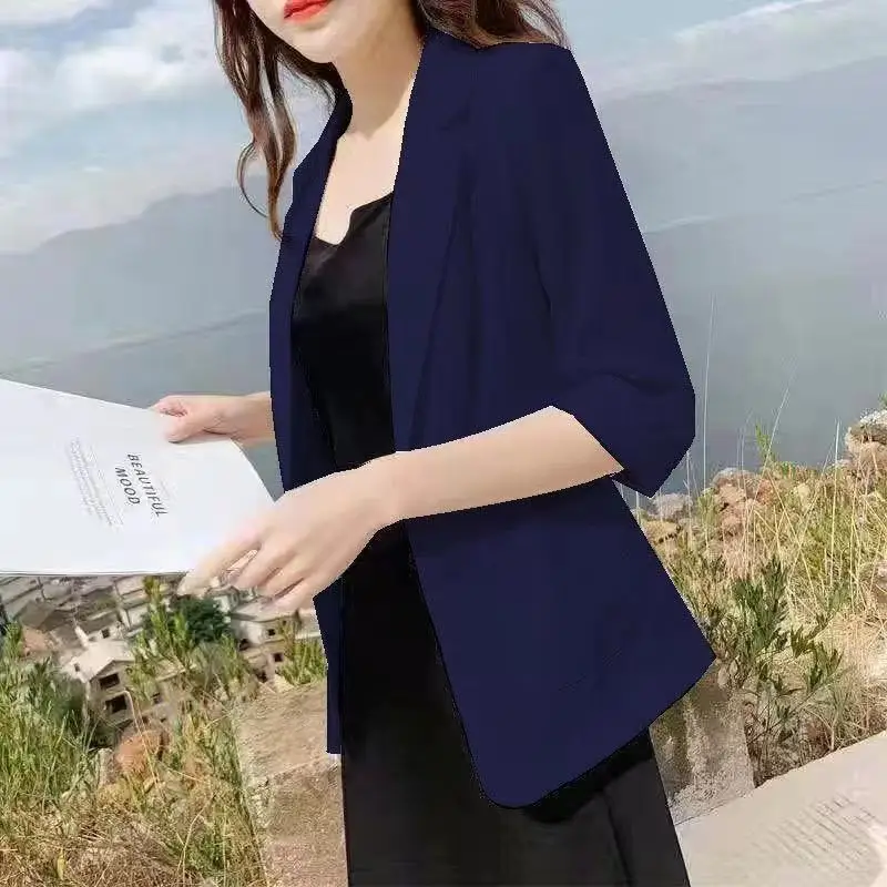 Spring Summer New Elegant Fashion Cotton Linen Blazers Ladies 3/4 Sleeve Temperament All-match Cardigan Coat Women's Jacket Top
