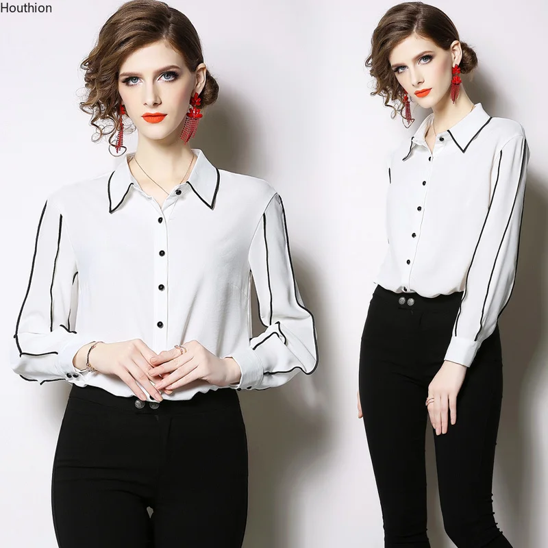 

Summer Women's Blouses Fashion Casual Shirt Loose Solid Color Polo Top Long Sleeve Korean New Clothing Houthion