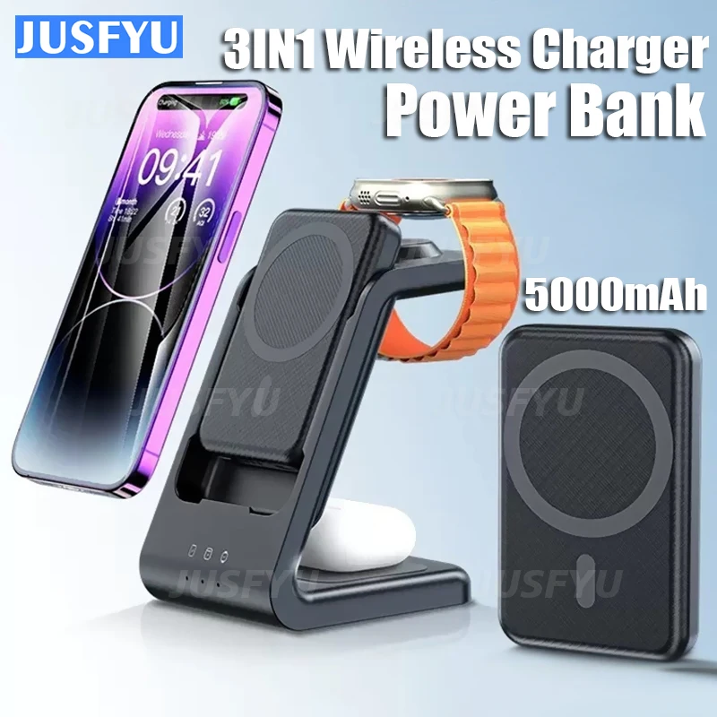 

3 In 1 Magnetic Wireless Charger Station 5000mAh Power Bank 15W MacSafe For iPhone 14 13 12 Pro Max Apple Watch Ultra 8 7 AirPod