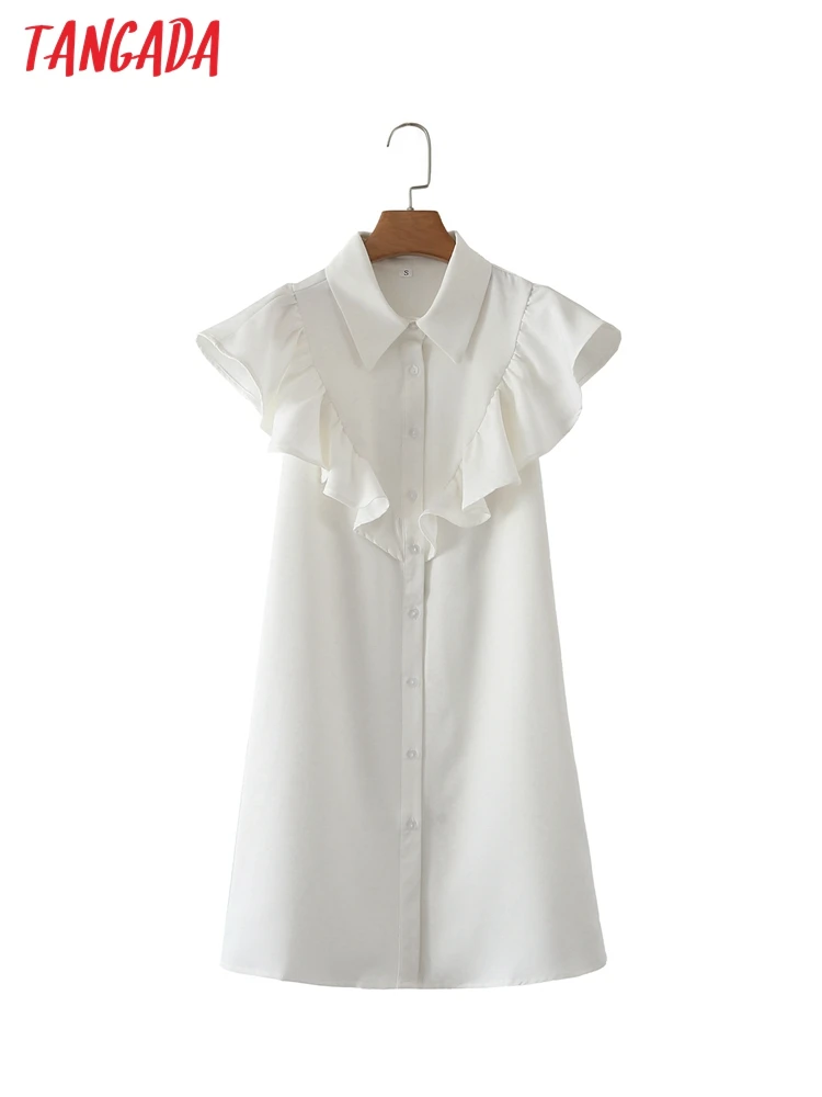 

Tangada 2022 summer women white short shirt dress ruffles short Sleeve Ladies dresses 4T05
