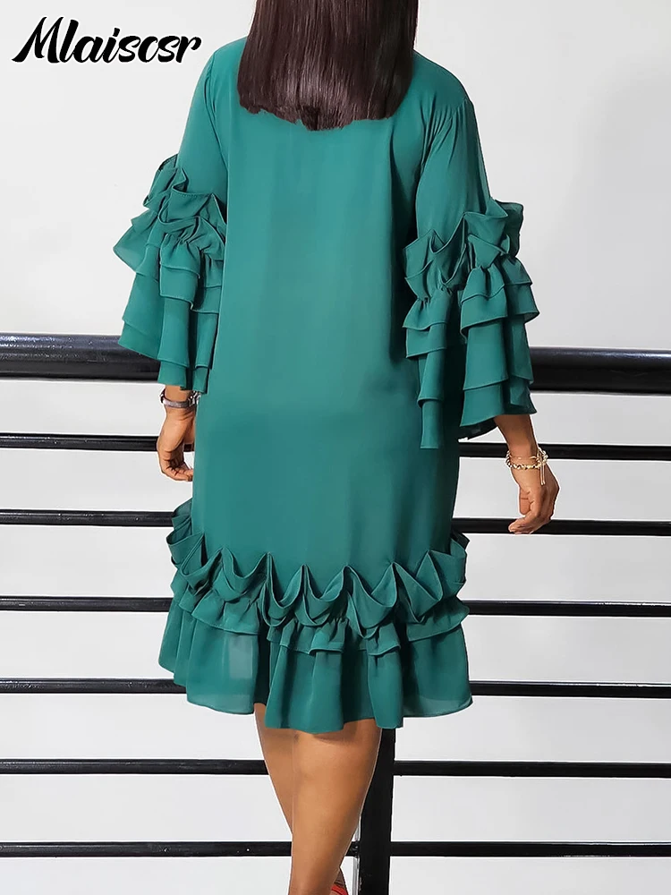 Mlaiscsr новое прямое зеленое платье средней длины с воротником-бабочкой и оборками