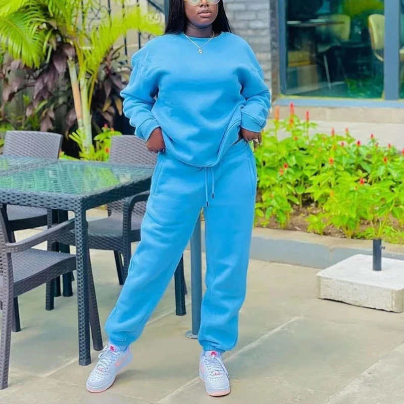 

Blue Loose All-match Long-sleeved Women's Trousers Suit 2022 Autumn New Thickened Top Sweater Bag Hip Trousers Two-piece Set