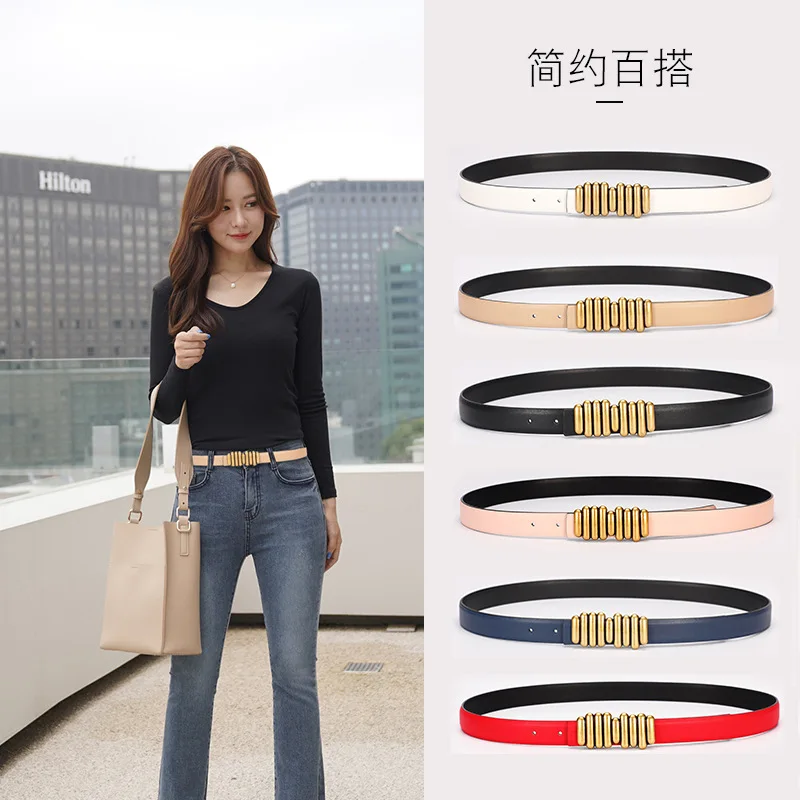 

2022 New Color Pure Leather Belt Ladies Caterpillar Retro Smooth Buckle Belt Fashion Simple Matching Jeans Dress Decorative Belt