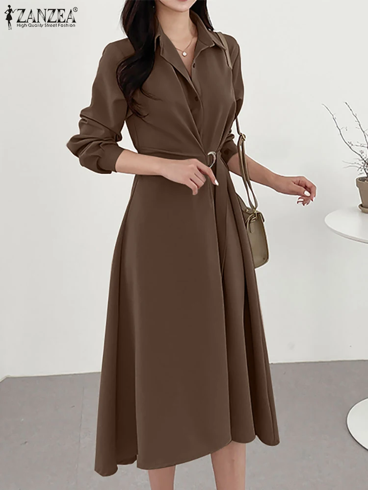 

2022 ZANZEA AutumnWomen Long Sleeve Belted Midi Dress Robe Femme Fashion Casual Solid Work Vestidos Kaftan Elegant OL Sundress