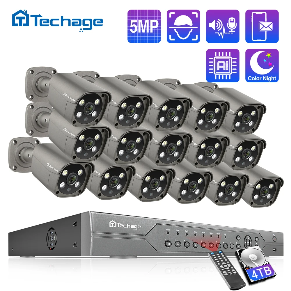 Techage 16CH 5MP POE NVR Kit Security Camera System Two Way Audio H.265 IP AI Camera Outdoor P2P CCTV Video Surveillance Set