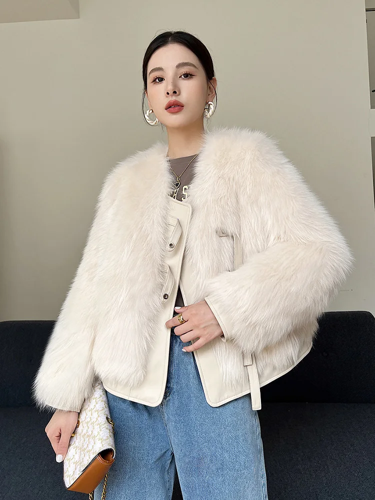 New Women Real Fur Coat Autumn Winter Elegant Fashion Young Style Fox Fur Splicing Sheepskin Goose Down Lining Loose Fur Jacket