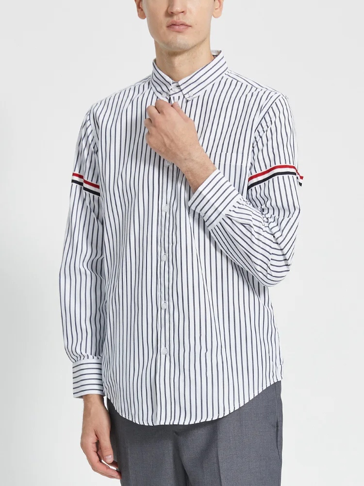 

TB THOM Men's Shirt Clothing Summer Top Fashion Brand Striped Armband Slim Casual Poplin Fine Cotton Long Sleeve Women's Shirts