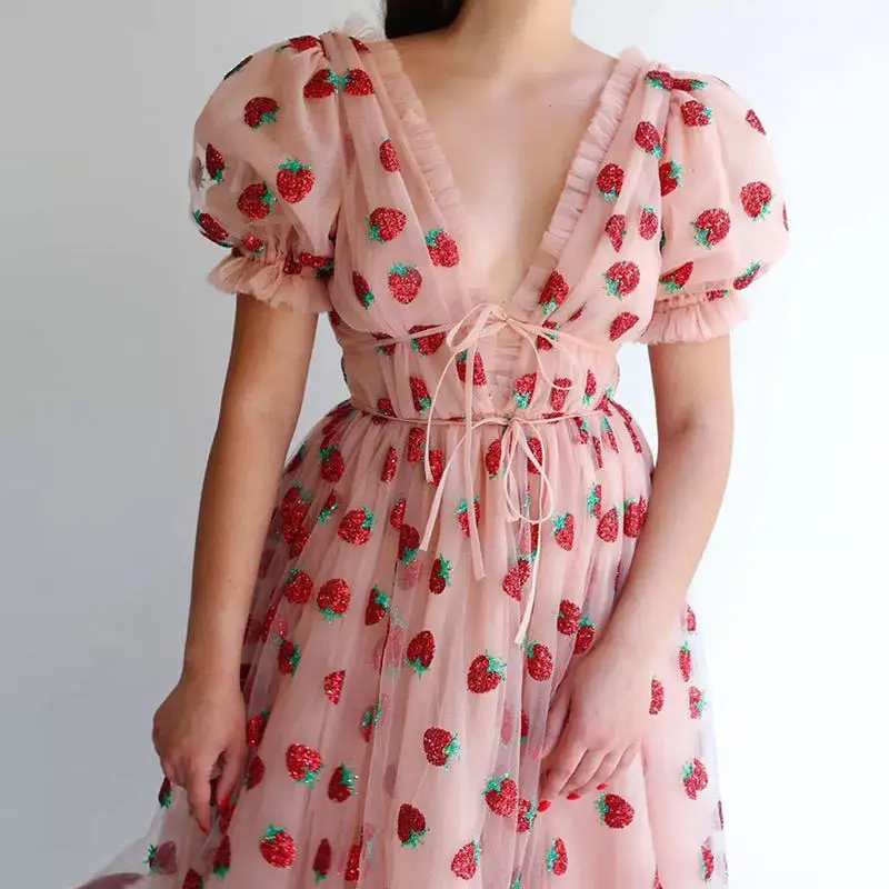 

Strawberry Women Long Dress 2022 Summer New Deep V Neck Puff Sleeve Sweet Voile Mesh Sequins Embroidery French Party Dresses