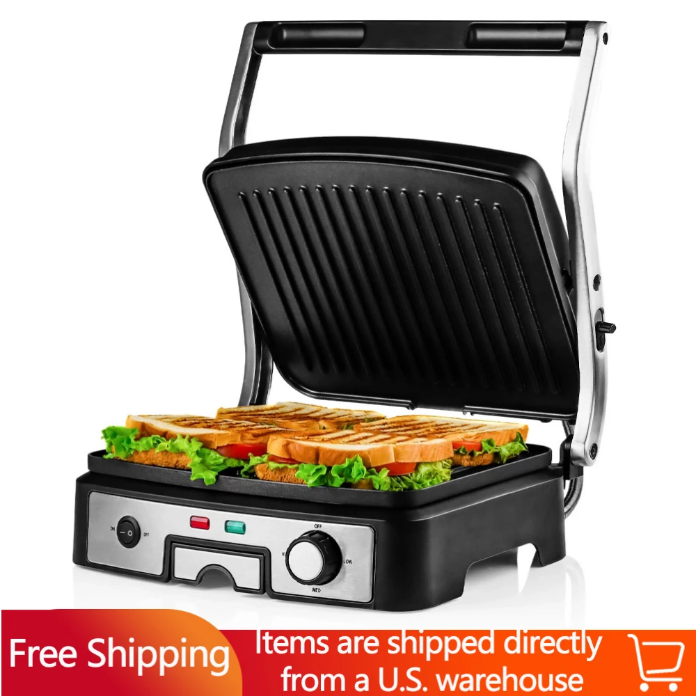 

Electric Panini Press Grill and Sandwich Maker with Non-Stick Coated Plates, to Fit Any Type or Size Food Removable Drip Tray