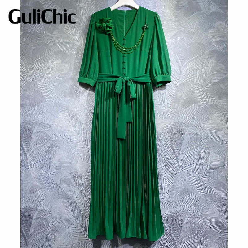 

4.27 GuliChic Women Elegant V-Neck Beading Floral Decorate Lace-Up Collect Waist Pleated Green Long Dress