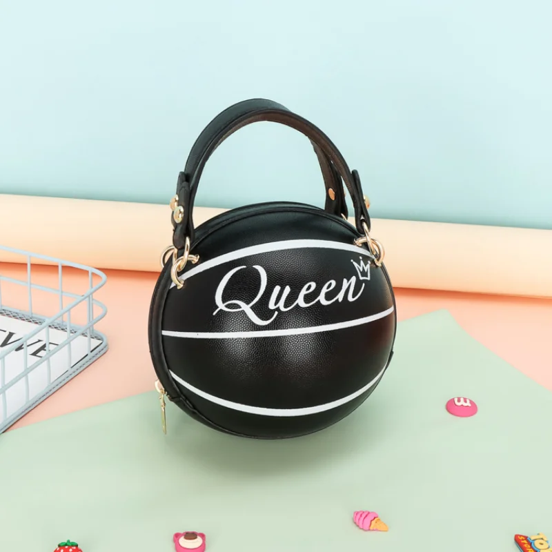 Basketball Round Women's Shoulder Bag 2023 Trend Personality Cartoon Small Handbag Leather Letter Printed Unique Cute Female Bag