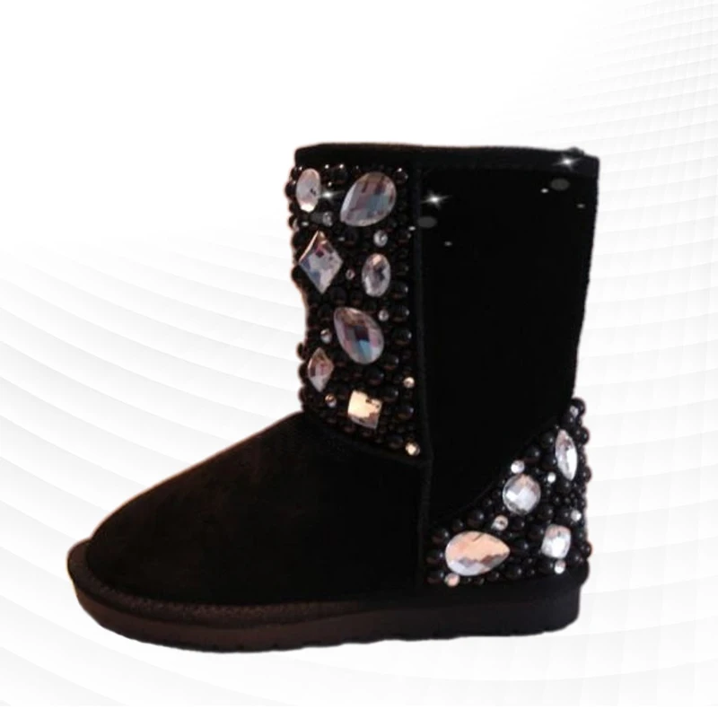 

Customized black mid-tube rhinestone pearl fur a snow boots women's warm cotton shoes large size 35-44