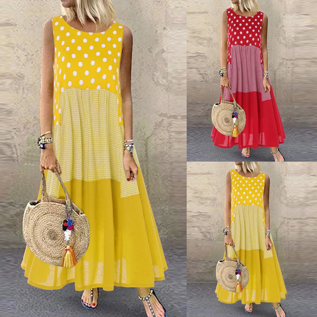

Large Size 6XL 150KG Summer Women Maxi Dress Sleeveless V Neck Cotton Linen Dress Loose Waist Female Oversized Long Dot Dresses