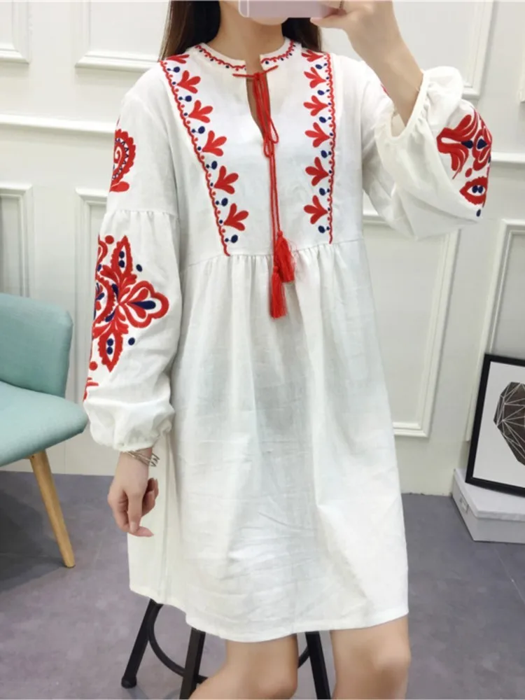 

Linen Dress Women Embroidery Autumn Chinese Style Knee Length A-line Long Sleeve Loose Female Clothing Mori Girl Elegant Dress