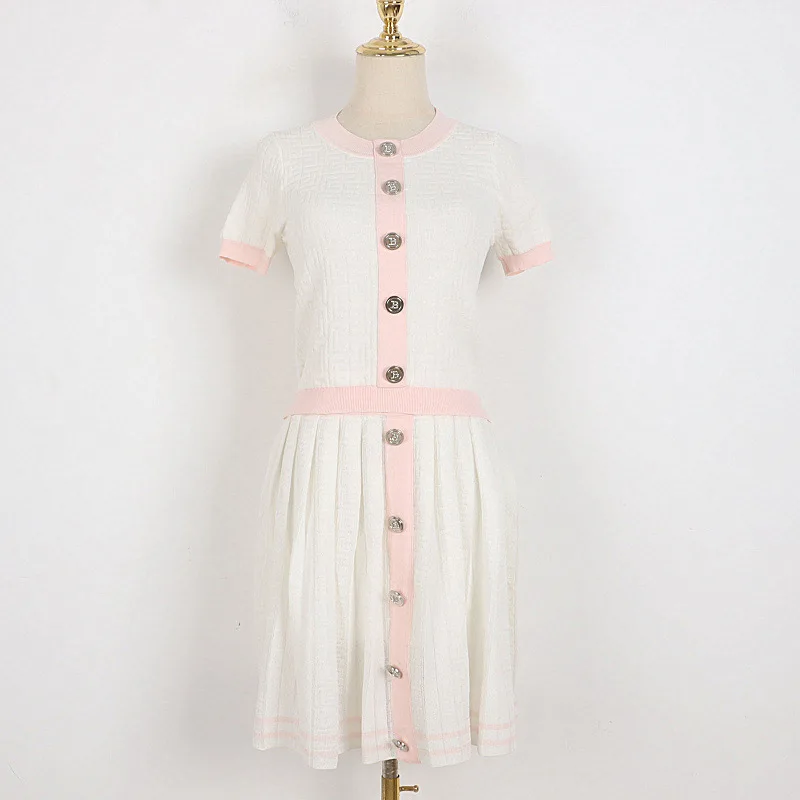 

High Quality Women Fashion Summer New Sweet Cute Short Sleeved Knitted Cardigan Top + Pleated Skirt Two-Piece Set