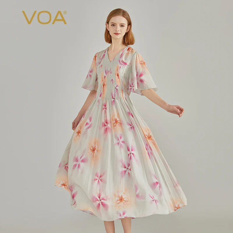 

(Fans Exclusive Discount) VOA Silk Printed Pleated V-neck Fly Sleeve Loose Elastic Lining Georgetop New Sweet Dress 2023 AE2113