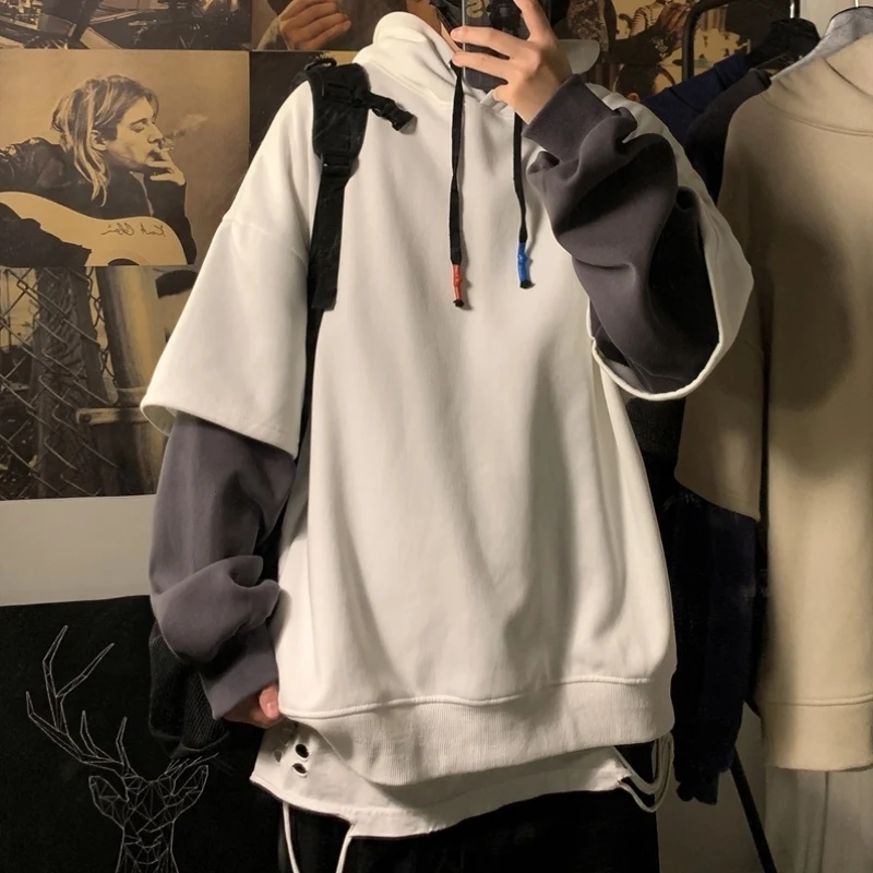 

Men's Loose Hoodie Handsome Contrast Color Pachwork Long Sleeve Fake Two Pieces Boy Streetwear Autumn Winter Daily Pullover
