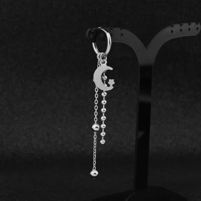 

Idol Korean Boys Stainless Steel Punk Stud Earrings Moon Star Long Chain Pendant Women Men Rock Hip Hop Hipster Grunge Ear Clip