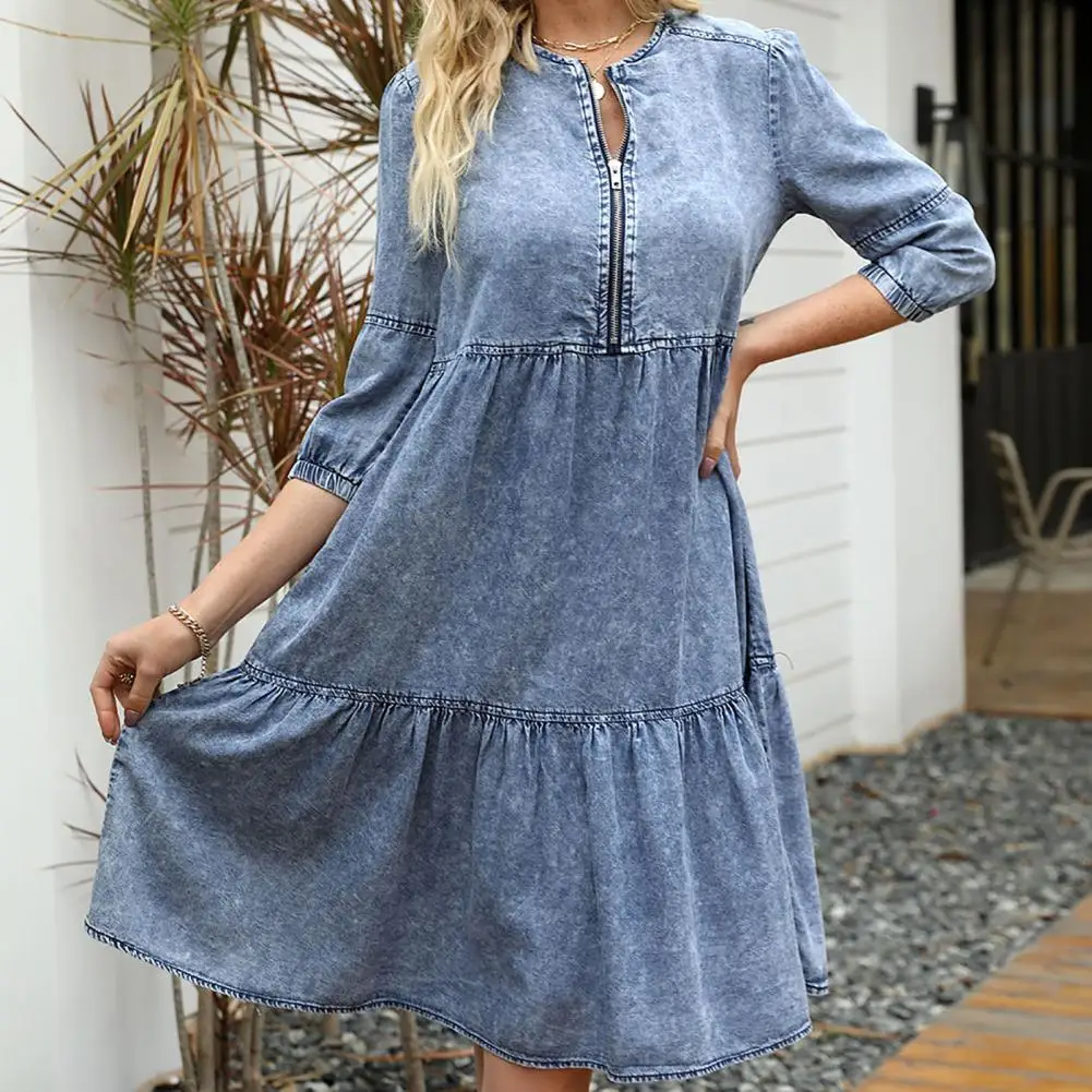 

Women Dress O-Neck Zipper Half Placket 3/4 Sleeve High Waist Denim Dress Ruffled Hem Distressed Casual Dress Streetwear Clothing