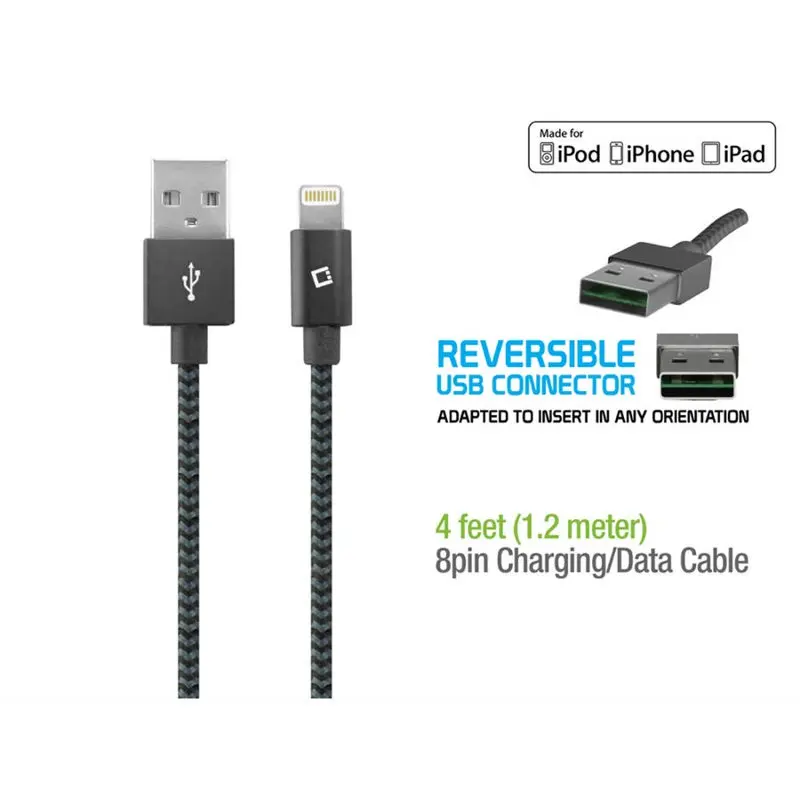 

4ft. Heavy Duty Braided MFI Certified Lightning to Reversible USB Charging/Data Sync Cable - Black