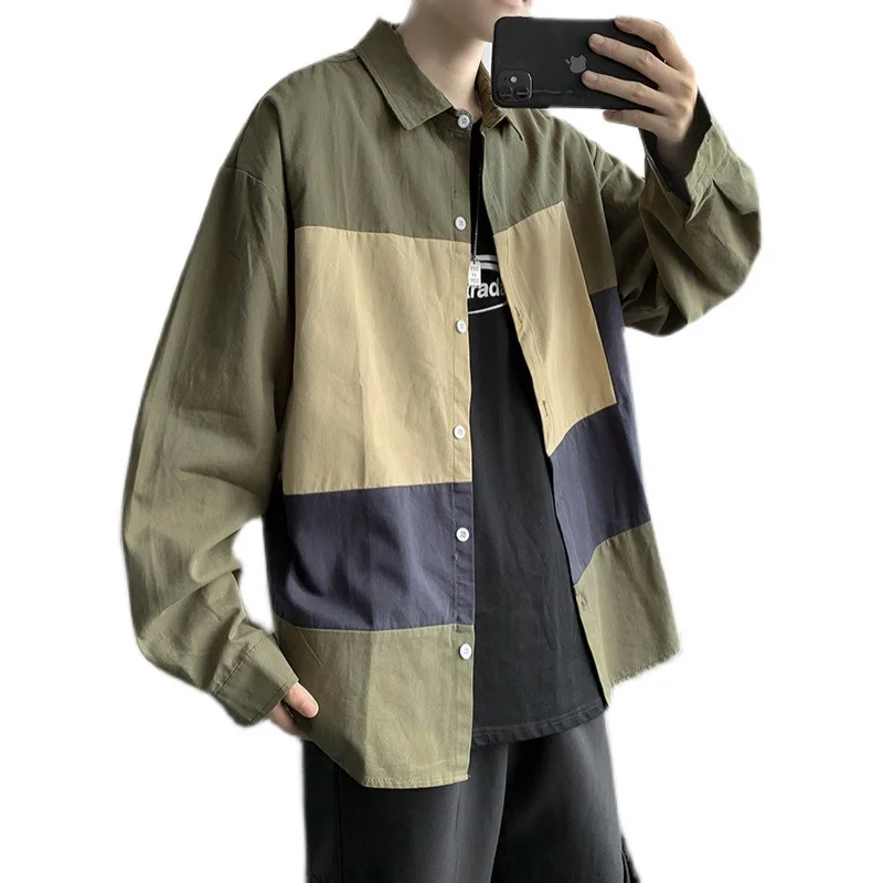 2022 New Spring and Autumn Japanese Shirt Men's Long-sleeved Korean Trend Shirt Handsome Stitching Loose Shirt Jacket Men