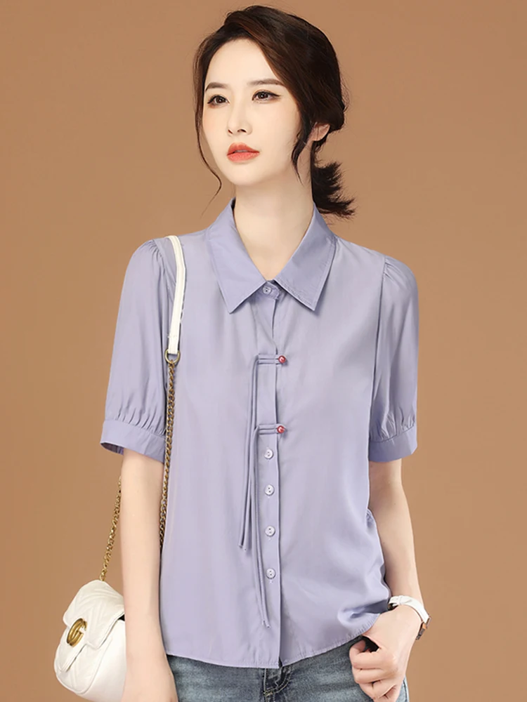 HCXR Women Luxury Blouse 2023 Summer Short Sleeve Polo Neck Slim Shirts Neo-Chinese Style Buckle Fashion Tops