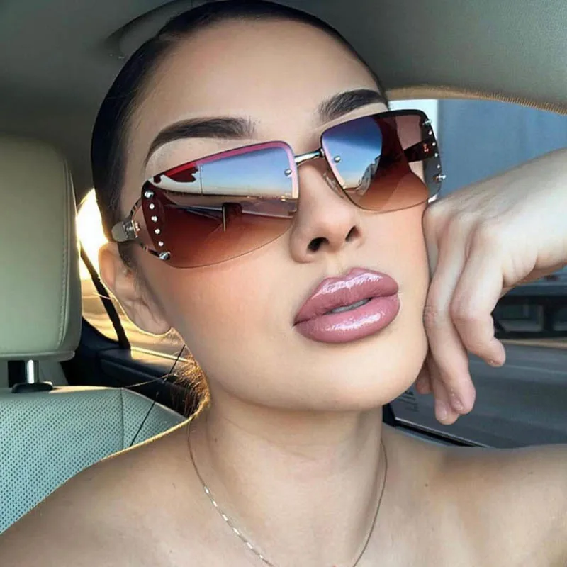 

Celebrity Rhinestone Rimless Sunglasses Men Women Retro Square Sun Glasses Gradient Brown Shades Gafas Sports Goggles