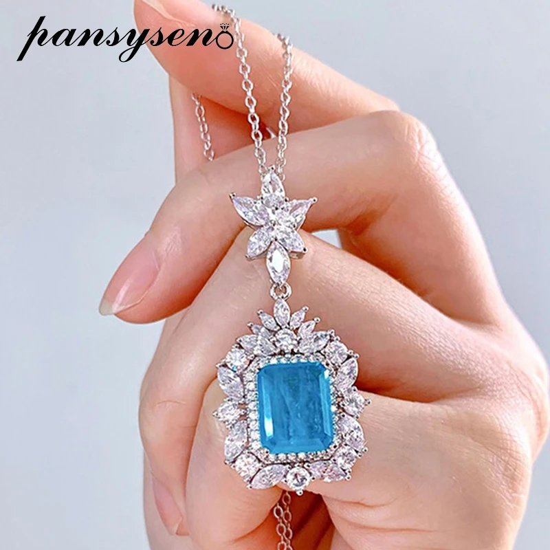 

PANSYSEN Luxury 100% 925 Sterling Silver Paraiba Tourmaline Gemstone Pendant Necklaces for Women Fine Jewelry Gifts Wholesale