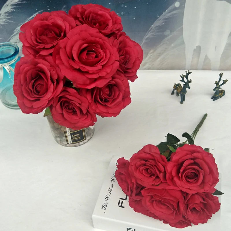 

Realistic Artificial Flower Bouquet Home Decor High-Quality 7 Head Faux Rose Wedding Bridal Holding Flowers Room Decoration