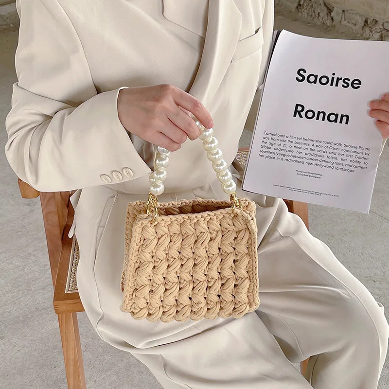 

Fashion Rope Knitting Women's Handbags Luxury Pearls Chains Tote Brand Crochet Handbags and Purses Designer Woven Bags for Women