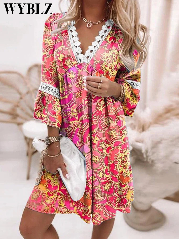

Summer Women Boho Dress 2022 Casual Long Sleeve V-Neck Loose Sundress Ladies Lace Stitched Printed Vintage Holiday Beach Dress