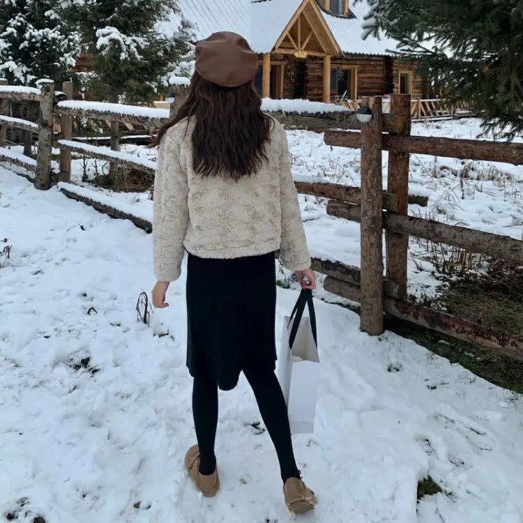 Lamb Coat Women's Short Autumn  Winter Korean Thickened Rabbit Furry Fur Plush Coat O Neck Sweet Girl Cute Kawaii Japaness