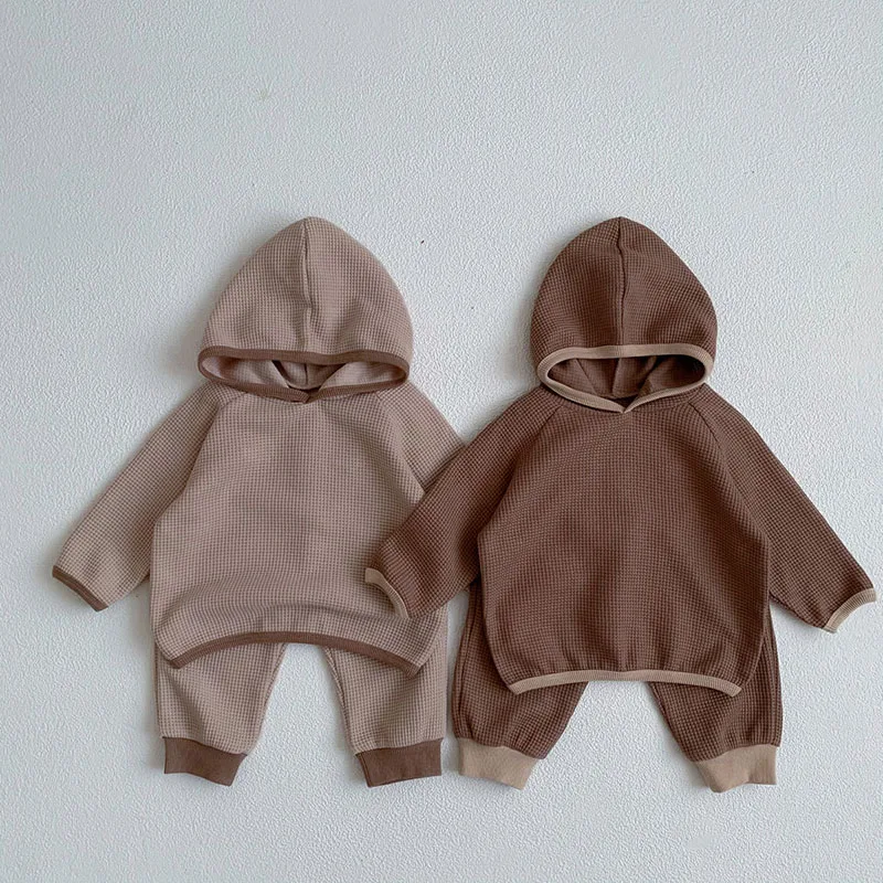 

2022 Korea Toddler Baby Clothing Sets Infant Baby Girls Hooded Jacket Tops Waffle Cotton Sweatshirt+Pants 2pcs Outfit