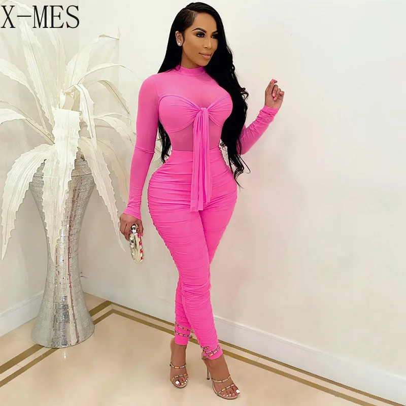 Women Sexy Mesh See Through Bodysuit Transparent Turtle Neck Long Sleeve Solid Trousers Skinny Jumpsuit Autumn New Clubwea Lady